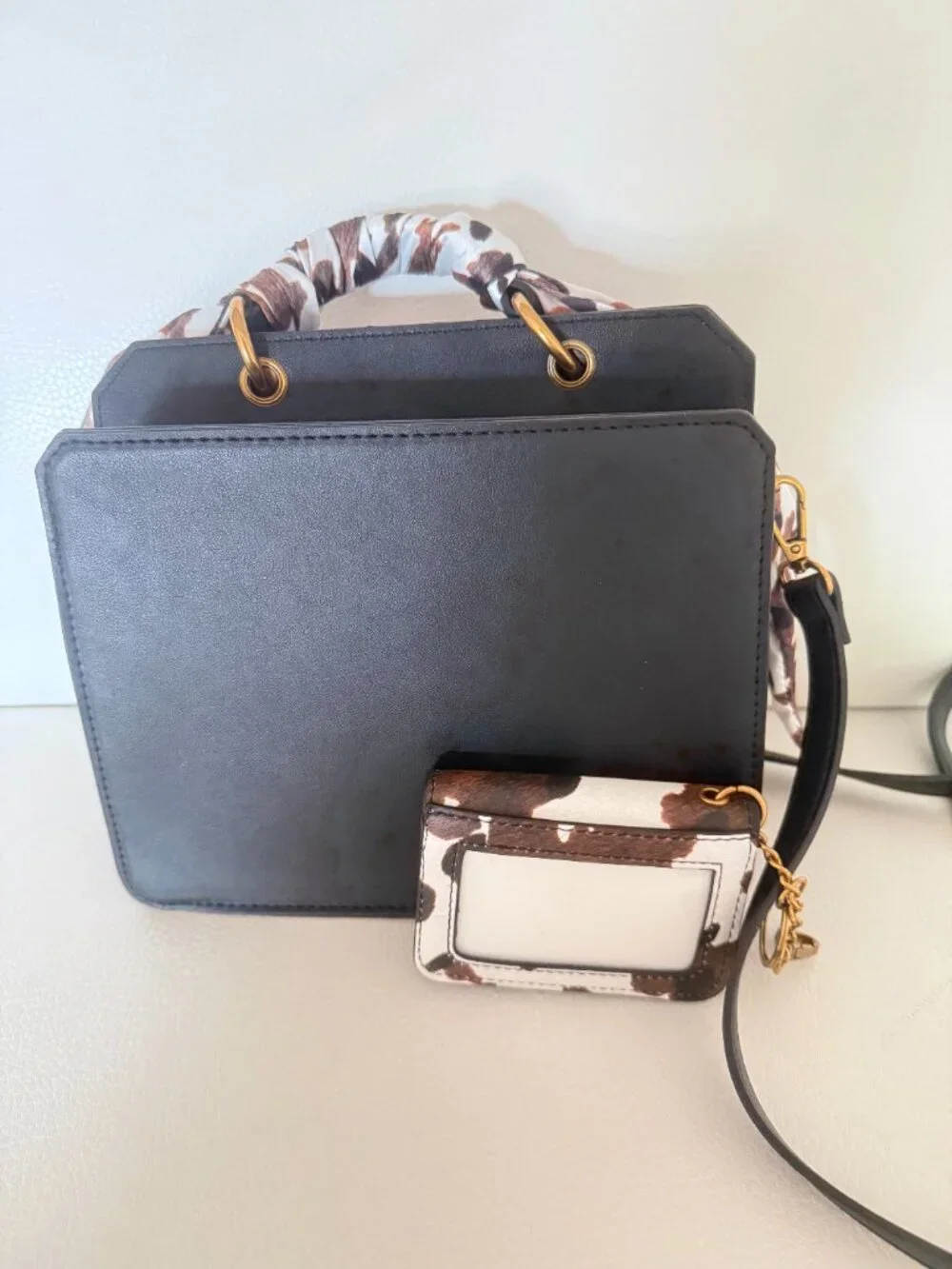 STEVE MADDEN BEVELYN SCARF SATCHEL CROSSBODY BAG ANIMAL PRINT SCARF WALLET BLACK